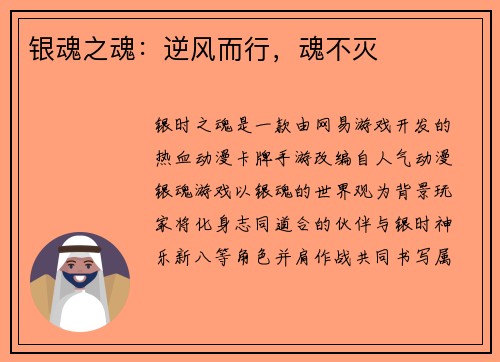 银魂之魂：逆风而行，魂不灭